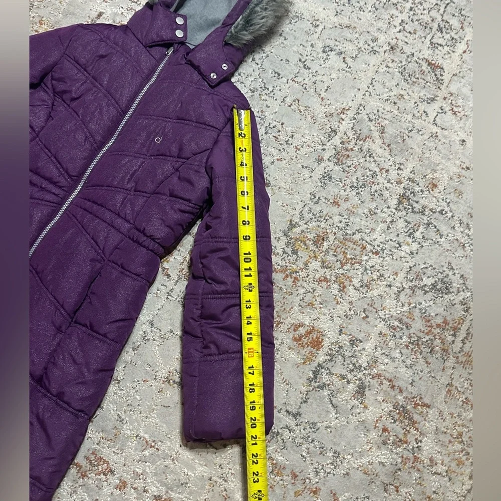 Calvin Klein Girls' Hooded Puffer Jacket purple faux fur trim hood size 12/14